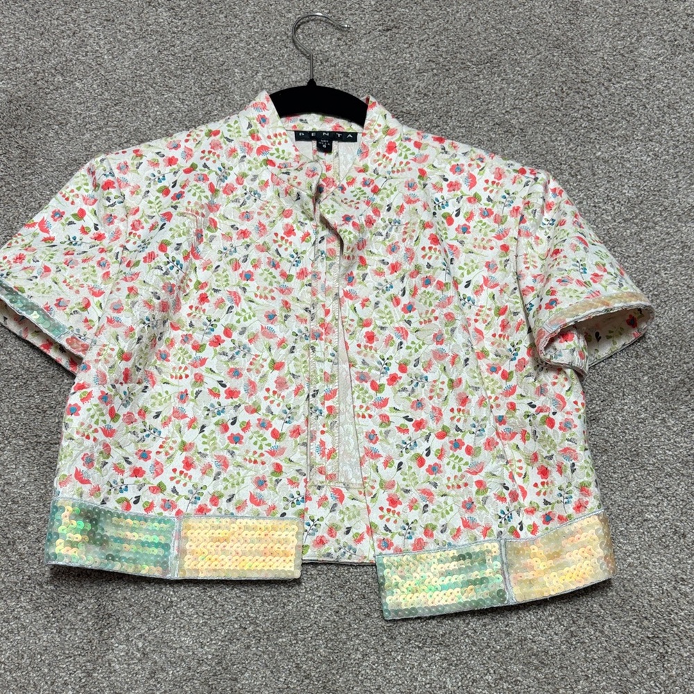 Vintage Floral Sequin Trim Cropped Jacket - White, Pink, Green, Blue